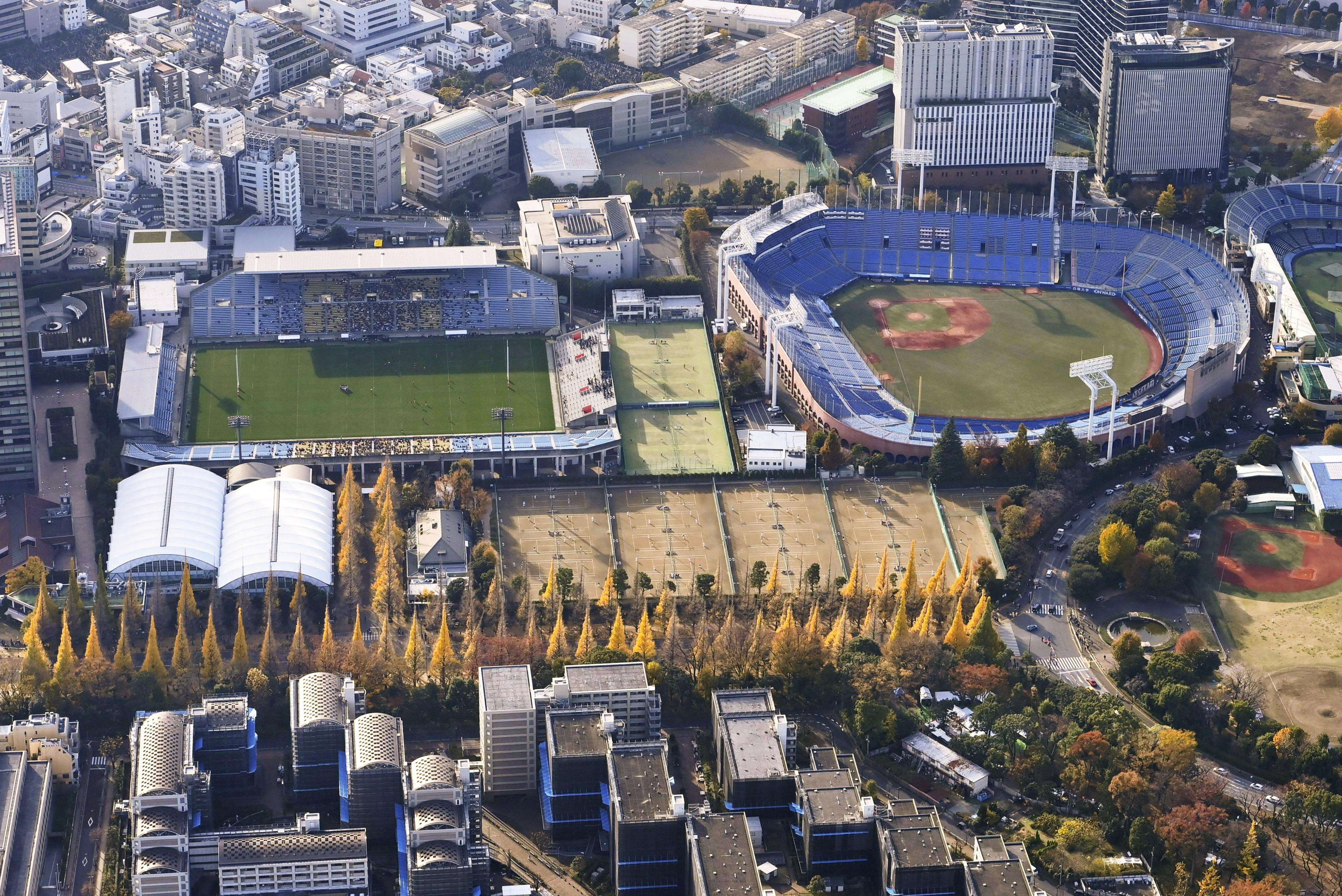 Aerial view shows Meiji Jingu Stadium and Chichibunomiya Rugby Stadium in Tokyo