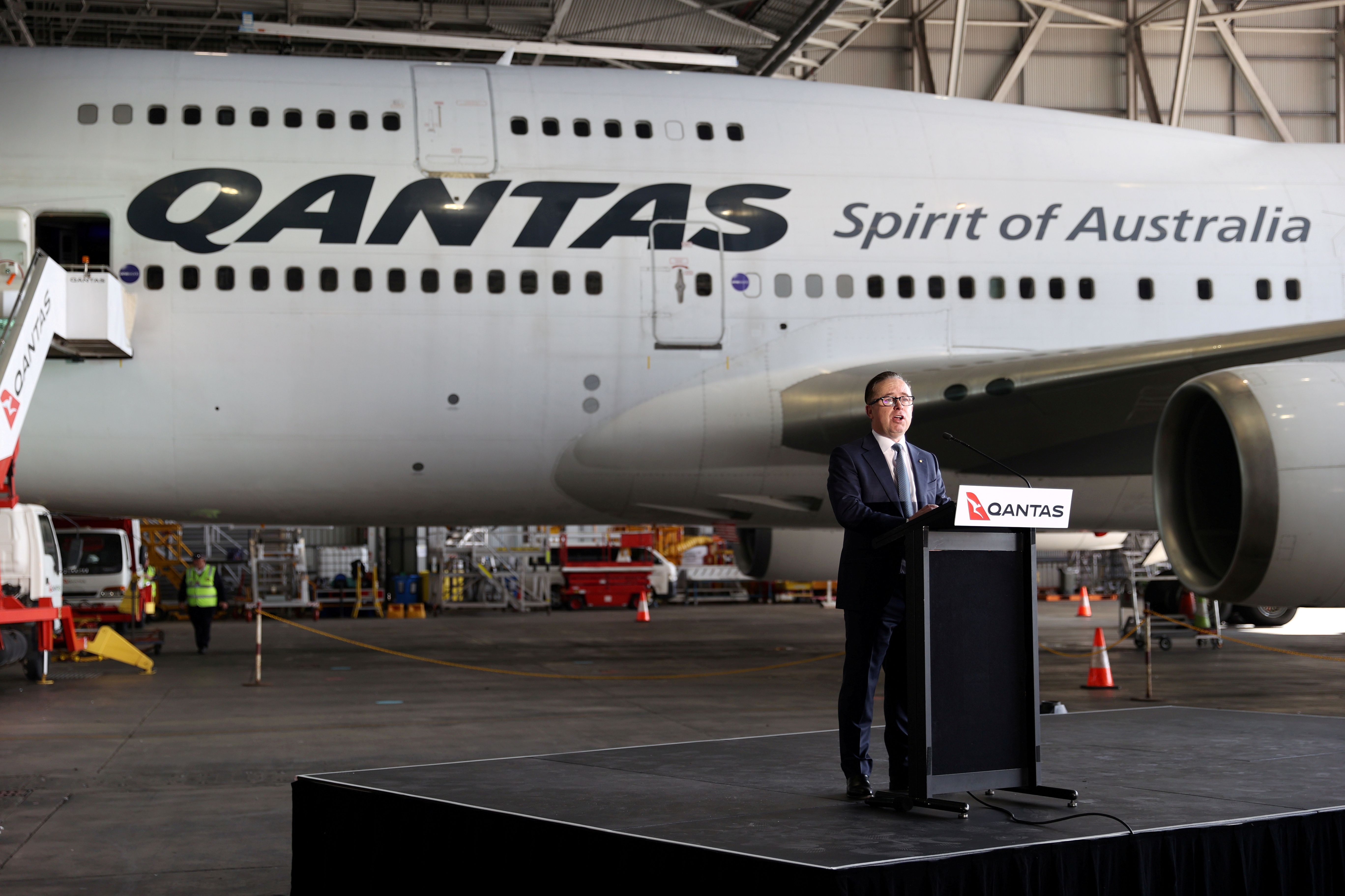 Qantas celebrates departure of last 747 jumbo jet from Sydney Airport, as it retires its remaining Boeing 747 planes early due to the coronavirus disease